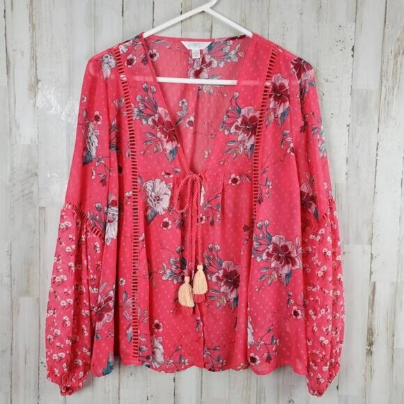Time and Tru Floral Open Front Top Pink Size Large - Picture 1 of 9